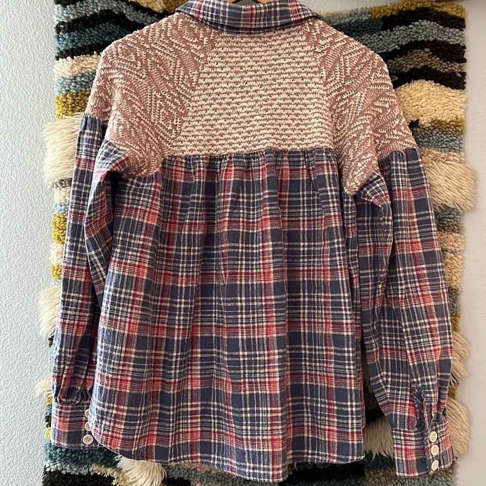 FREE PEOPLE Fireside Nights Plaid & Knit Long Sleeve Blouse Cloudy Combo Size S - Picture 8 of 15